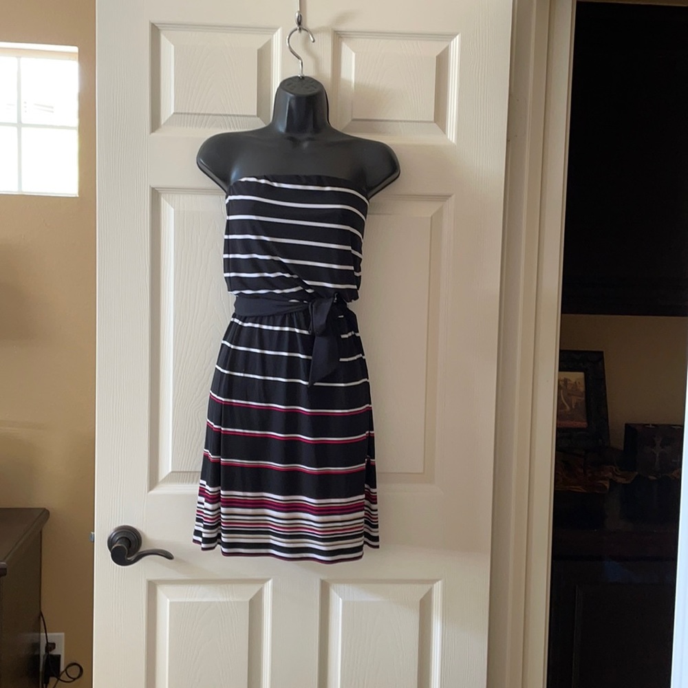 WHBM strapless jersey dress in black, white and raspberry red stripes. Wore once
